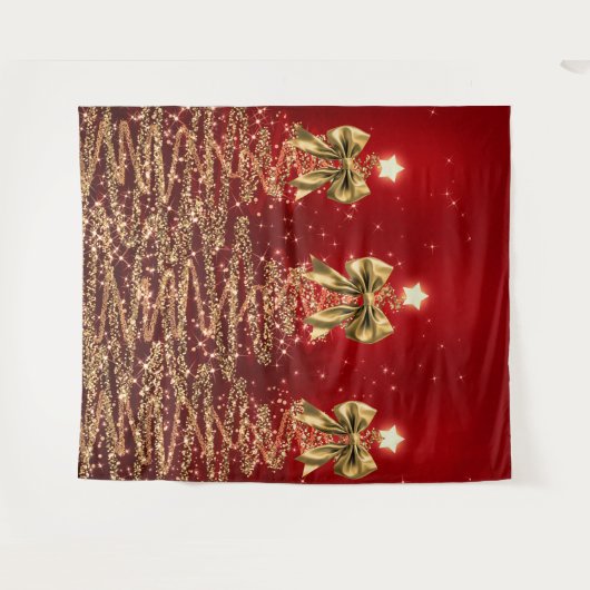 Christmas Sparkling Trees Red Gold Faux Bow  タペストリー (正面(横))