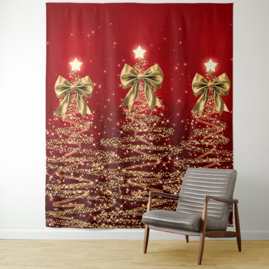 Christmas Sparkling Trees Red Gold Faux Bow  タペストリー (インサイチュ)