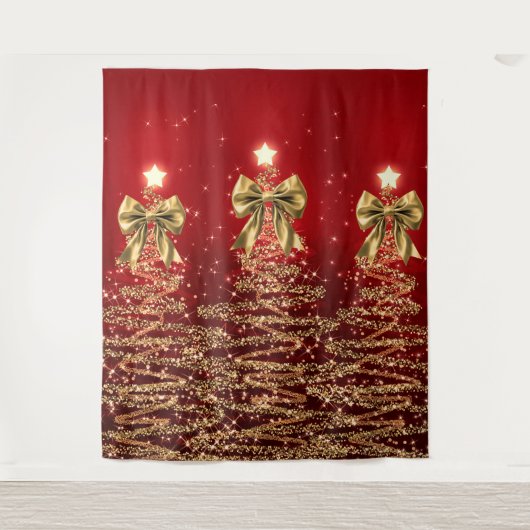 Christmas Sparkling Trees Red Gold Faux Bow タペストリー (正面)