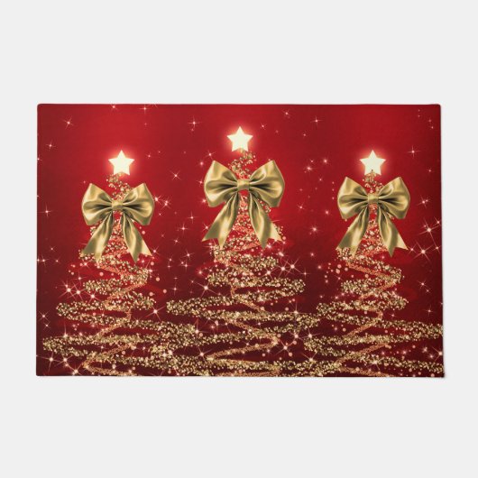 Christmas Sparkling Trees Red Gold Faux Bow  ドアマット (正面)