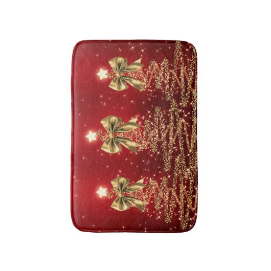Christmas Sparkling Trees Red Gold Faux Bow バスマット (正面縦)