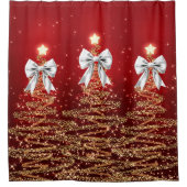 Christmas Sparkling Trees Red Gold Silver Bow  シャワーカーテン (正面)