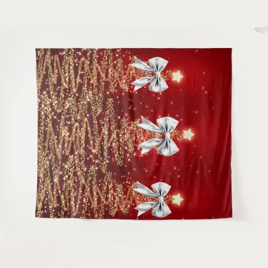 Christmas Sparkling Trees Red Gold Silver Bow  タペストリー (正面(横))