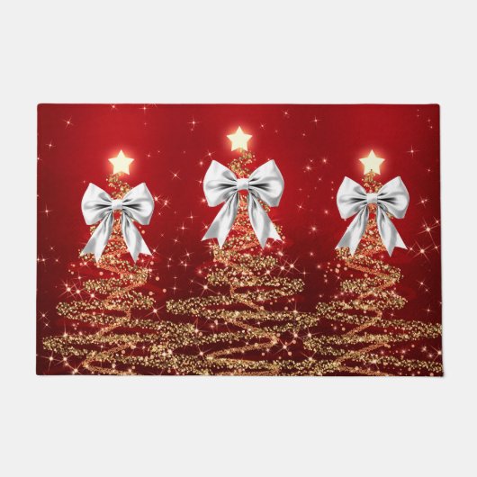 Christmas Sparkling Trees Red Gold Silver Bow  ドアマット (正面)