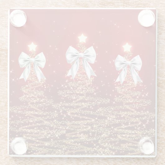 Christmas Sparkling Trees Red Silver Faux Bow ガラスコースター (裏面)