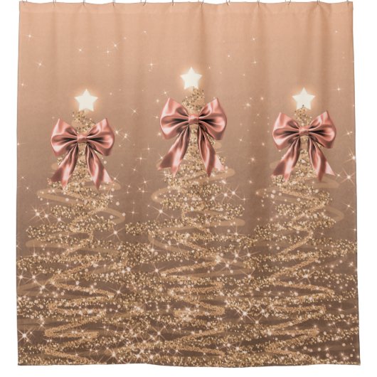 Christmas Sparkling Trees Rose Gold Faux Bow  シャワーカーテン (正面)