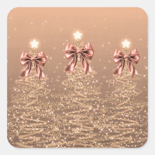 Christmas Sparkling Trees Rose Gold Faux Bow  スクエアシール (正面)