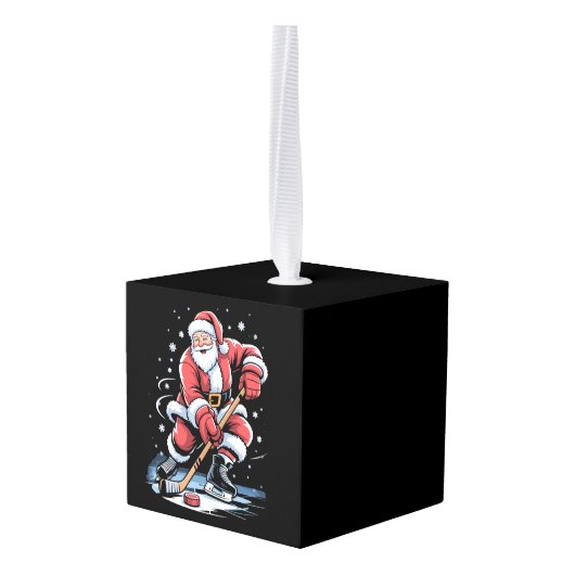 Christmas Sports Santa Plays Ice Hockey Xmas  キューブオーナメント (裏面アングル)