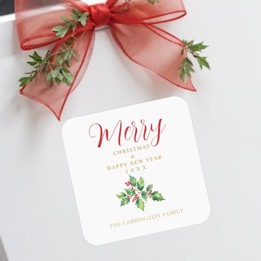 Christmas Sprig Holly Green Leaves & Red Berries スクエアシール