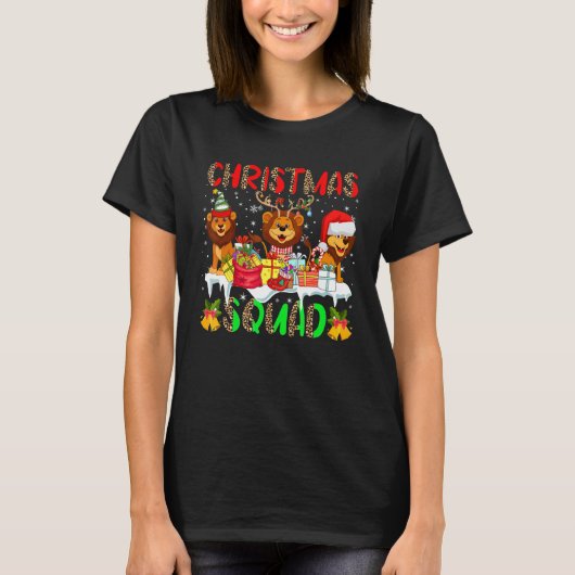 Christmas Squad Leopard Three Santa Reindeer Elf L Tシャツ (正面)