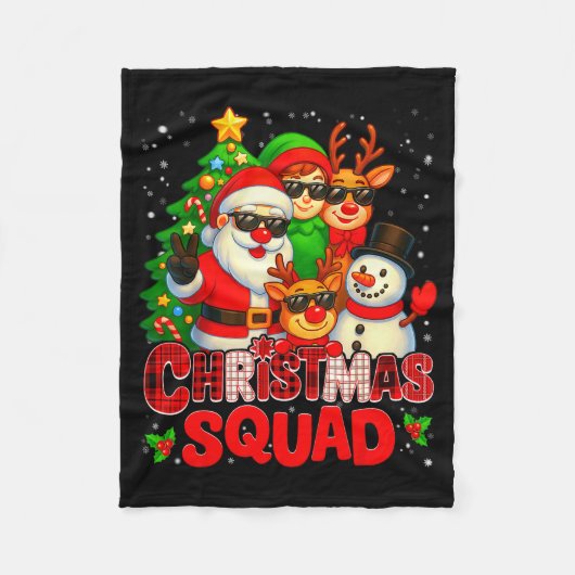 Christmas Squad Plaid Santa Snowman Elf Rudolph Xm フリースブランケット (正面)
