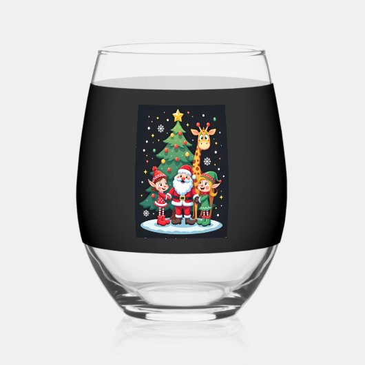 Christmas Squad Santa Giraffe Elf Dabbing Matching ステムなしワイングラス (正面)