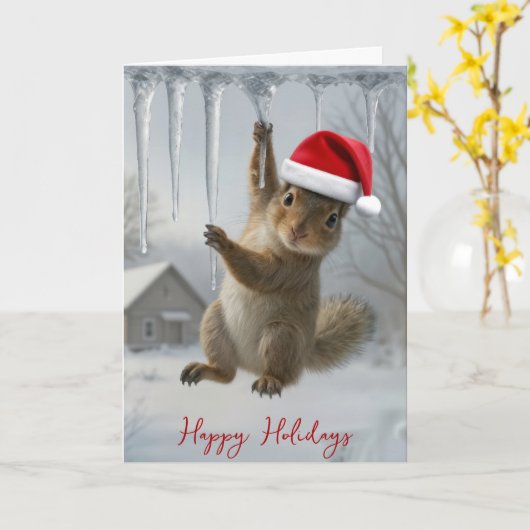 Christmas Squirrel Hanging From an Icicle カード (黄色い花)