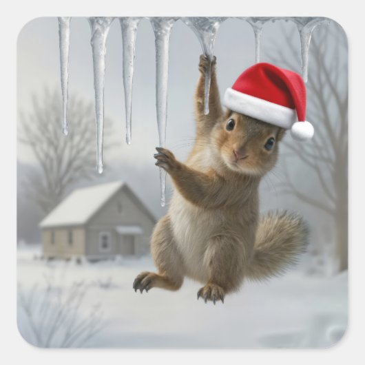 Christmas Squirrel Hanging From an Icicle スクエアシール (正面)