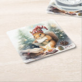 Christmas Squirrel reading スクエアペーパーコースター (アングル)
