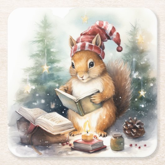 Christmas Squirrel reading スクエアペーパーコースター (正面)