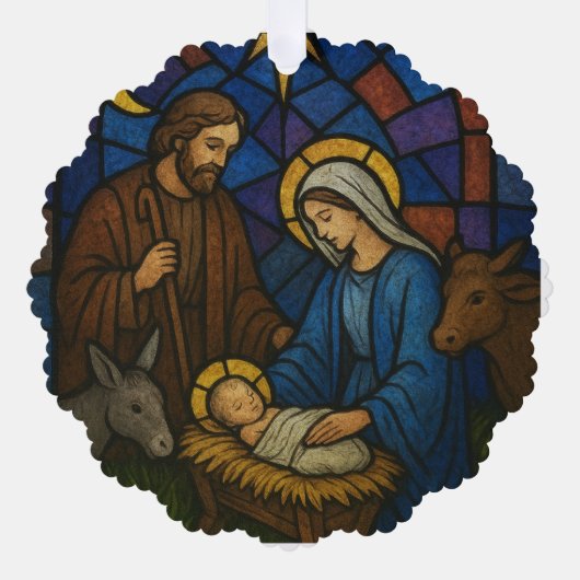 Christmas Stained Glass Nativity Scene オーナメントカード (正面)