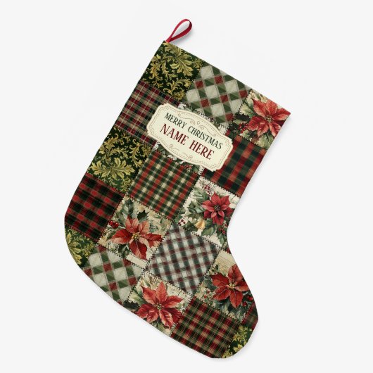 Christmas Stocking Gift Wrapping Vintage Patchwork ラージクリスマスストッキング (正面 (吊り時))