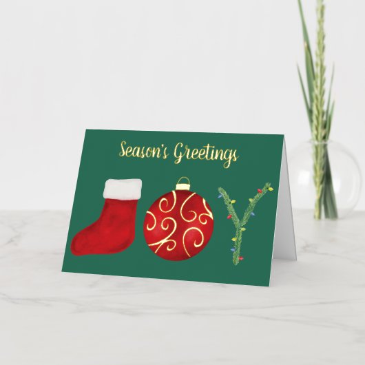 Christmas Stocking Ornament Tree Joy Typography 箔シーズンカード (正面)