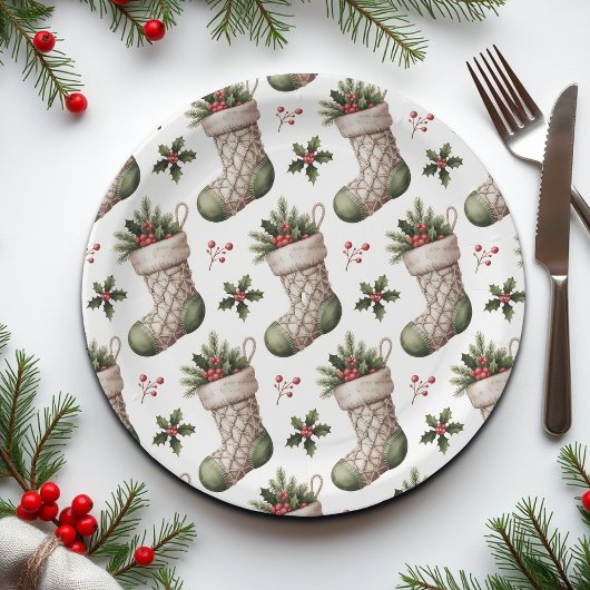 Christmas Stockings Winter Berries ペーパープレート