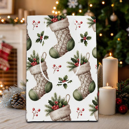 Christmas Stockings Winter Berries ミディアムペーパーバッグ