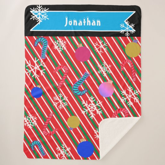 Christmas Stripes Candy Canes Ornaments Name シェルパブランケット (正面)