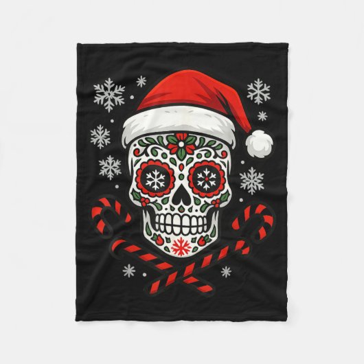 Christmas Sugar Calavera Skull Santa Hat Candy Can フリースブランケット (正面)