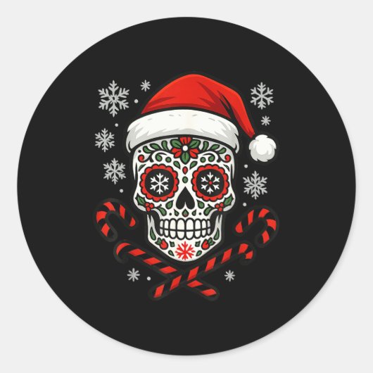 Christmas Sugar Calavera Skull Santa Hat Candy Can ラウンドシール (正面)
