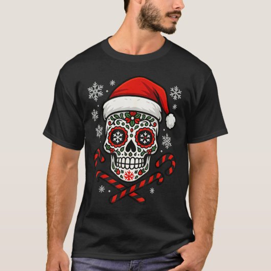 Christmas Sugar Calavera Skull Santa Hat Candy Can Tシャツ (正面)
