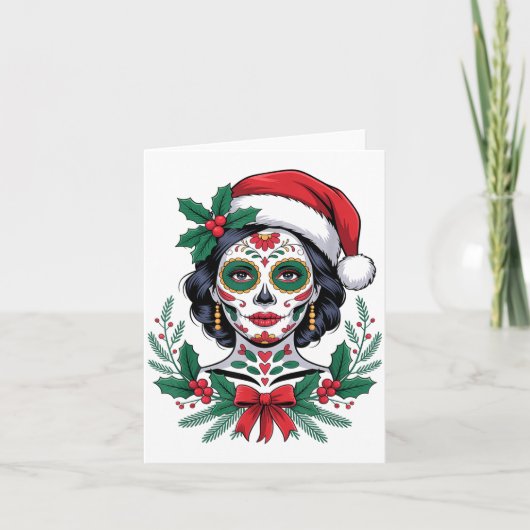 Christmas Sugar Skull Art Woman Santa Hat Festive  カード (正面)