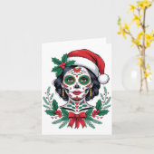 Christmas Sugar Skull Art Woman Santa Hat Festive  カード (黄色い花)