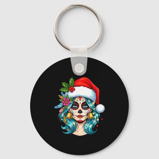 Christmas Sugar Skull Art Woman Santa Hat Festive  キーホルダー (正面)