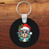 Christmas Sugar Skull Art Woman Santa Hat Festive  キーホルダー (正面)
