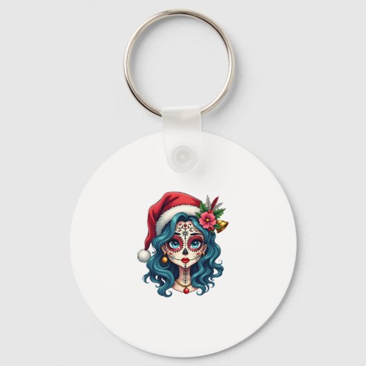 Christmas Sugar Skull Art Woman Santa Hat Festive  キーホルダー (正面)