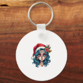 Christmas Sugar Skull Art Woman Santa Hat Festive  キーホルダー (正面)