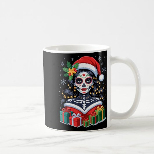 Christmas Sugar Skull Art Woman Santa Hat Festive  コーヒーマグカップ (右)