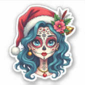 Christmas Sugar Skull Art Woman Santa Hat Festive  シール (正面)