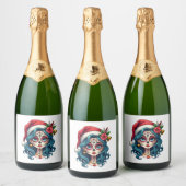 Christmas Sugar Skull Art Woman Santa Hat Festive  スパークリングワインラベル (ボトル)