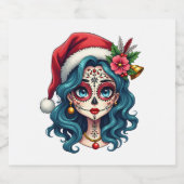 Christmas Sugar Skull Art Woman Santa Hat Festive  スパークリングワインラベル (シングルラベル)