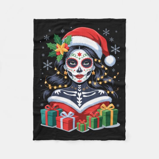 Christmas Sugar Skull Art Woman Santa Hat Festive  フリースブランケット (正面)