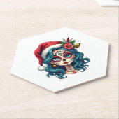 Christmas Sugar Skull Art Woman Santa Hat Festive  ペーパーコースター (アングル)