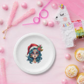 Christmas Sugar Skull Art Woman Santa Hat Festive  ペーパープレート (パーティー)