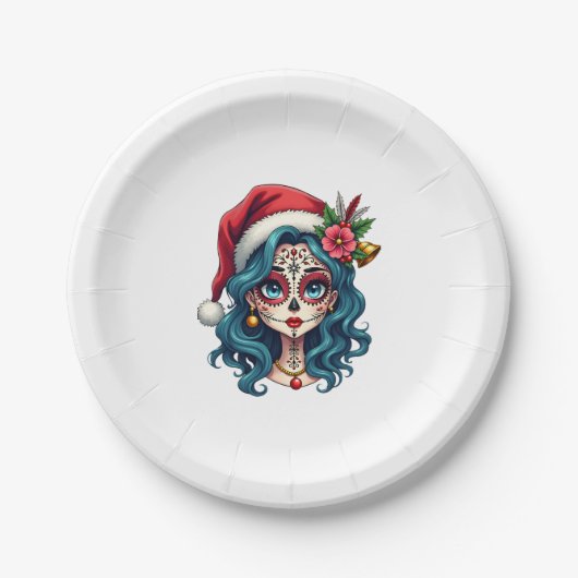 Christmas Sugar Skull Art Woman Santa Hat Festive  ペーパープレート (正面)