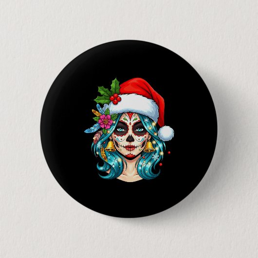 Christmas Sugar Skull Art Woman Santa Hat Festive 缶バッジ (正面)