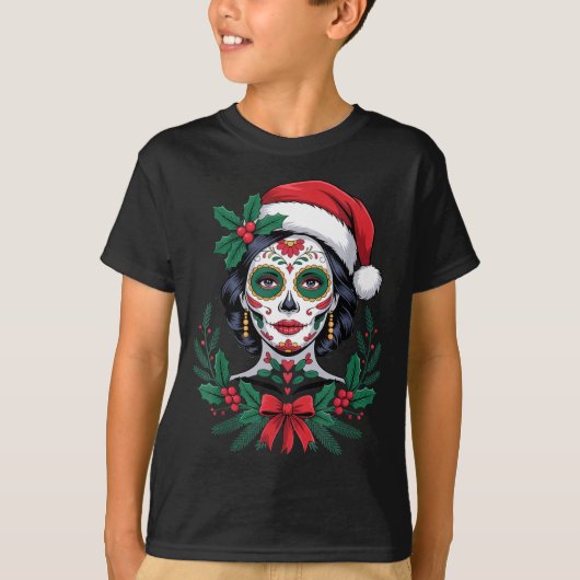 Christmas Sugar Skull Art Woman Santa Hat Festive  Tシャツ (正面)