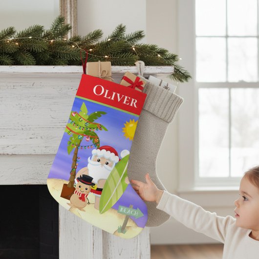 Christmas Summer Santa Beach Surfing Personalized スモールクリスマスストッキング