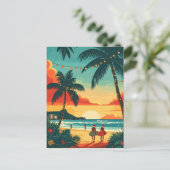 Christmas Surfers Tropical Beach Sunset ポストカード (スタンド正面)