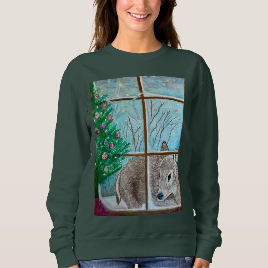 Christmas sweatshirt: Deer looking through window スウェットシャツ (正面)