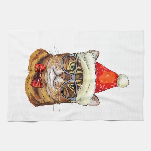 Christmas Tabby Cat Hand Towel キッチンタオル (横)