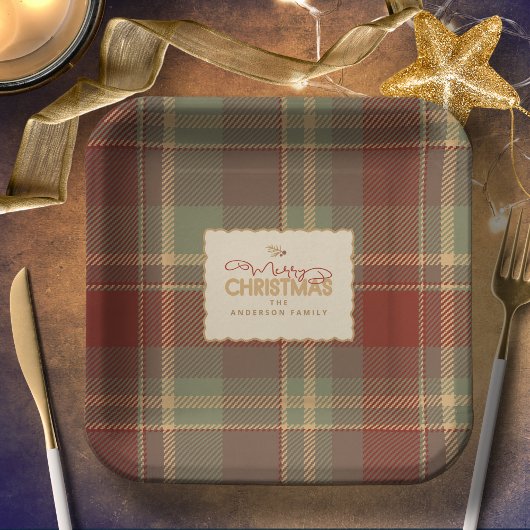Christmas Tartan Brick Red Green ID1141A ペーパープレート